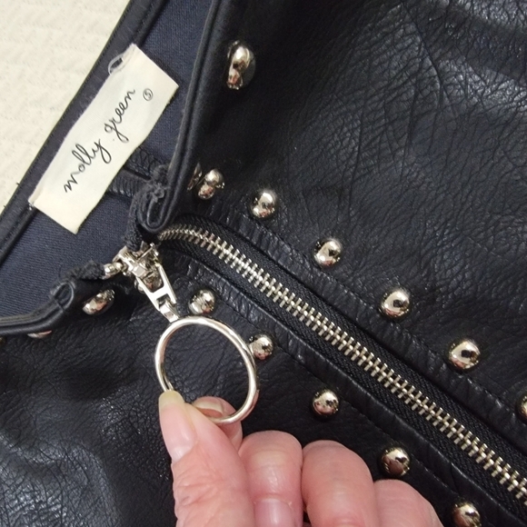 Molly Green Black Faux Leather Floral Embroidery Skirt Studs Zipper Front Size S - Picture 10 of 15